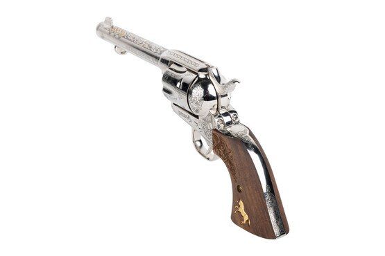 Colt single action revolver with classic engraving and wood grip.